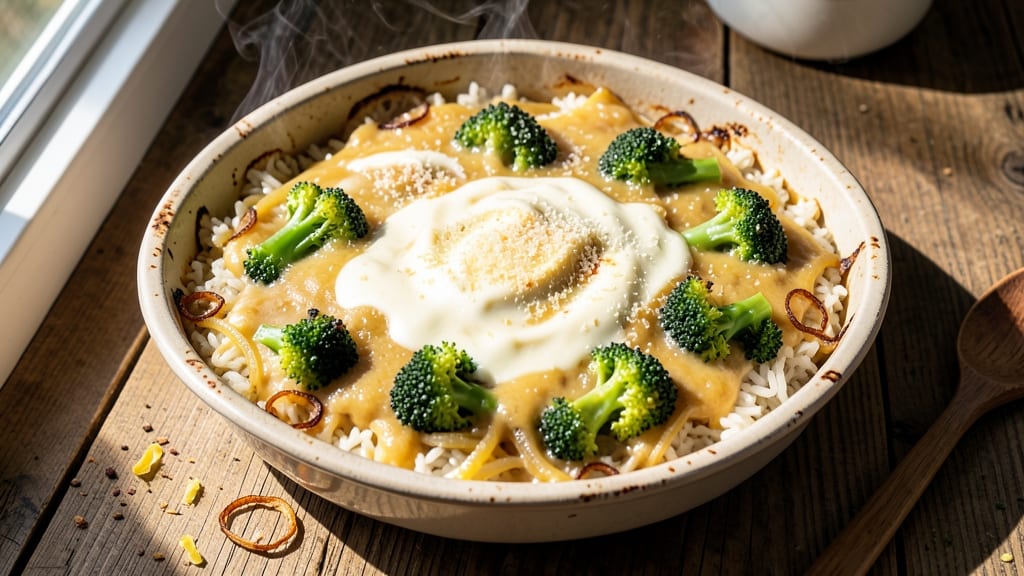 Broccoli Rice and Cheese Casserole Recipe With Velveeta: One-Pan Bake With Crispy Celery Crown