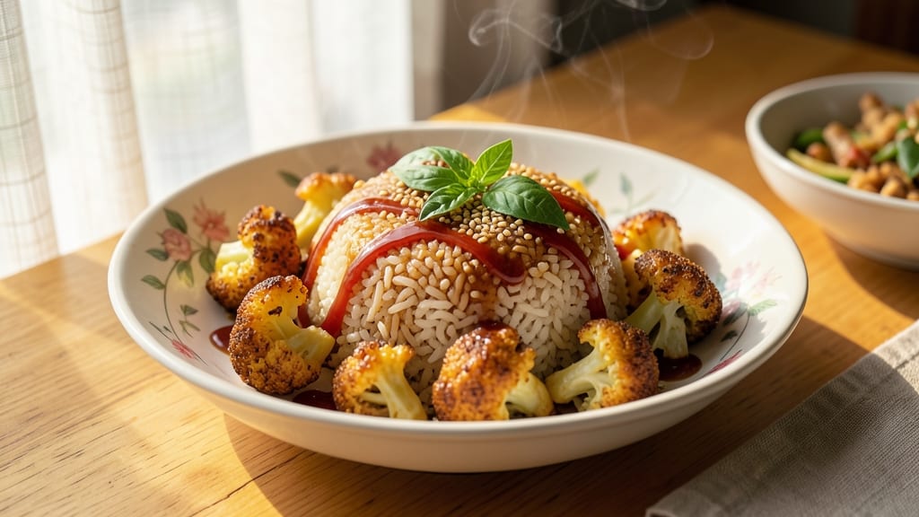 Cauliflower Sticky Rice Recipe: Crispy Celery Crown Over Sweet Jasmine Rice