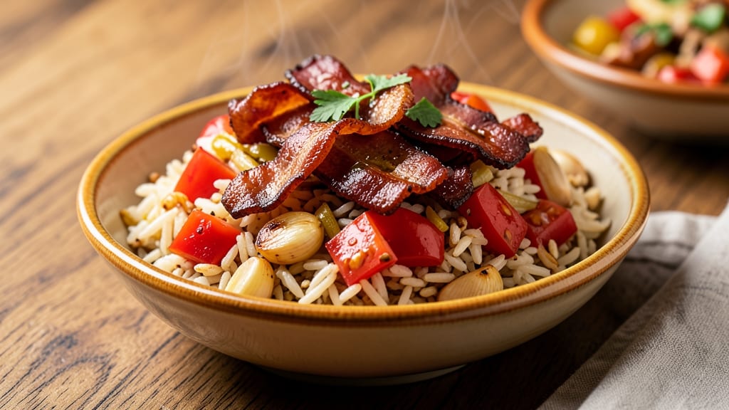 Chamorro Red Rice with Bacon Recipe: Smoky Tomato Gravy Over Toasted Grains