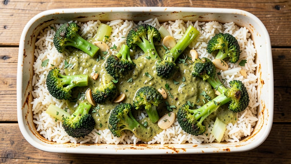 Broccoli Green Rice Casserole Recipe: Crispy Celery Crown Over Creamy Herb Rice