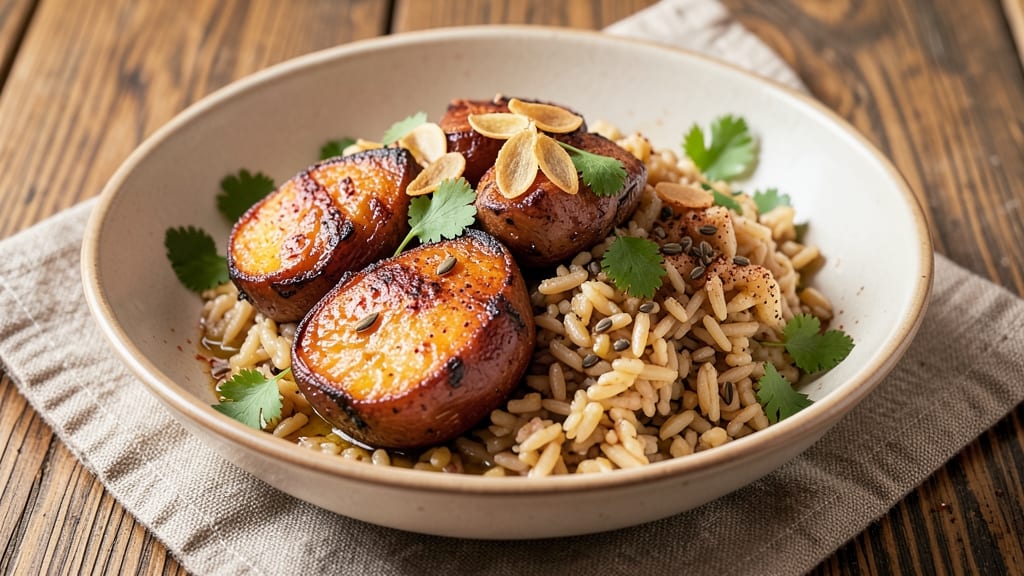 Brown Rice and Sweet Potato Recipe: Warmly Spiced Dessert Bowl With Caramelized Top