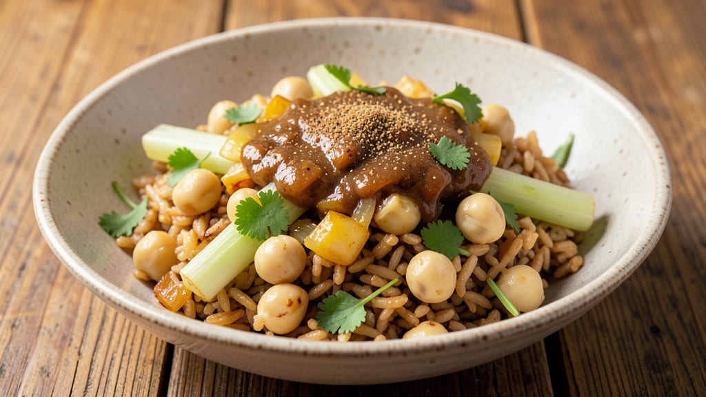 Brown Rice and Chickpeas Recipe: Savory Spiced One-Pot With Toasted Celery Crunch