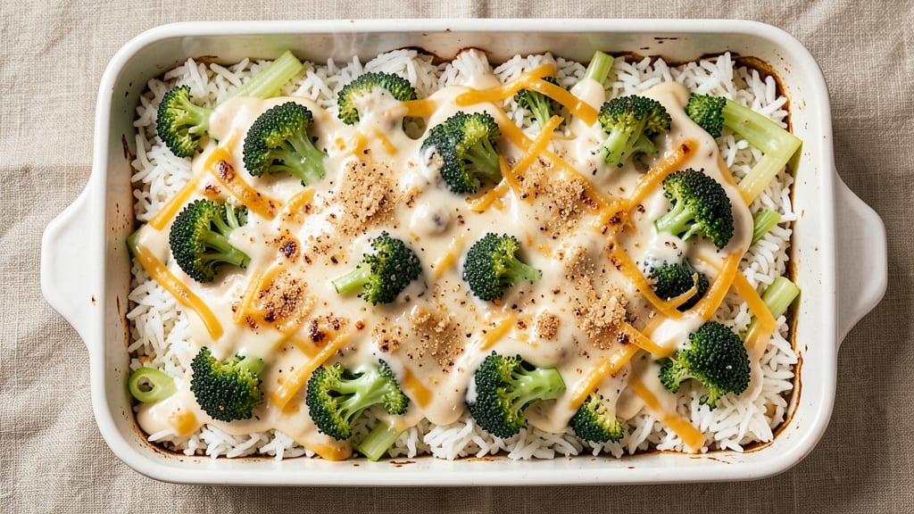 Broccoli Rice Casserole Recipe with Cream of Mushroom: Crispy Celery Crown Over Creamy Mushroom Sauce