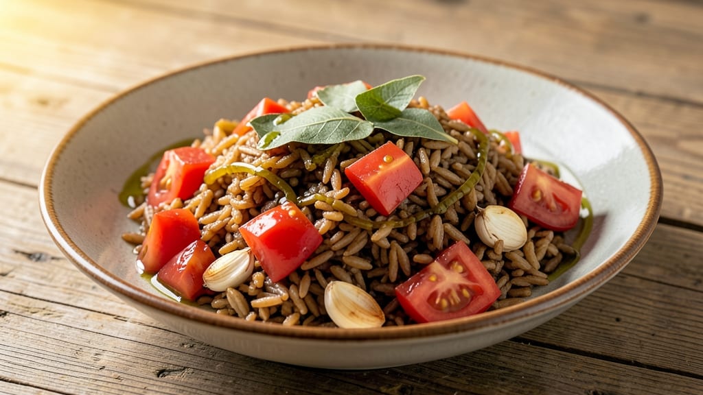 Brown Rice with Diced Tomatoes Recipe: One-Pot Mediterranean Grain Bowl