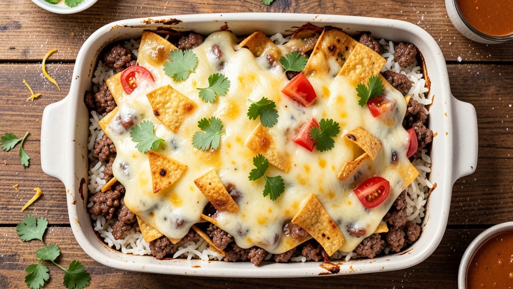 Cheesy Taco Rice Casserole Recipe: Crispy Top, Melty Cheese Fiesta in One Pan