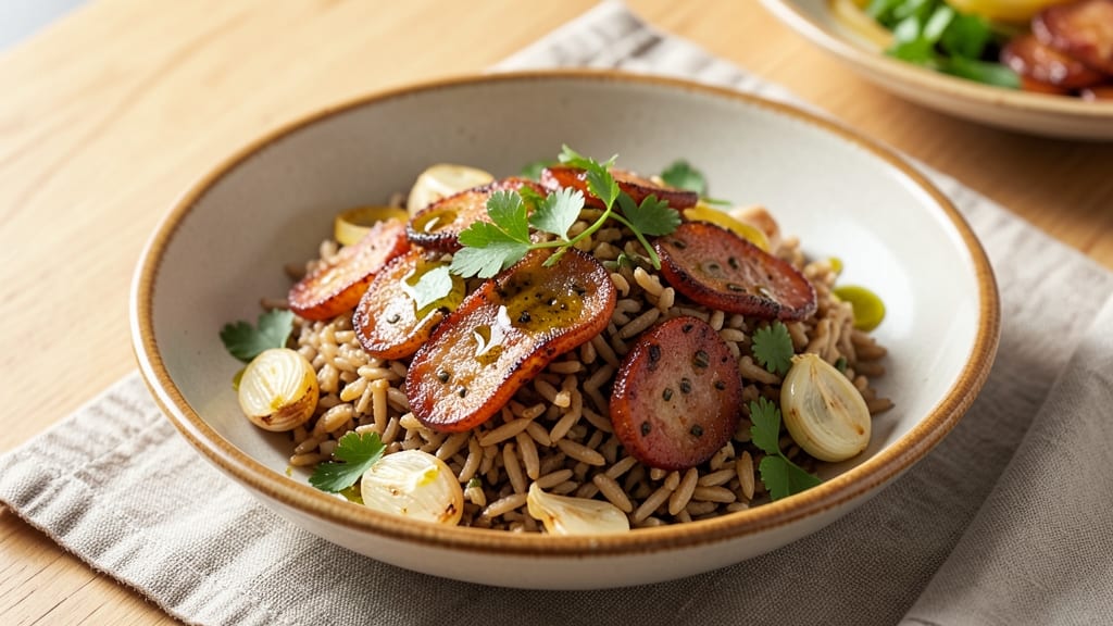 Brown Rice and Italian Sausage Recipe: Caramelized Sausage Crunch Over Nutty Grains
