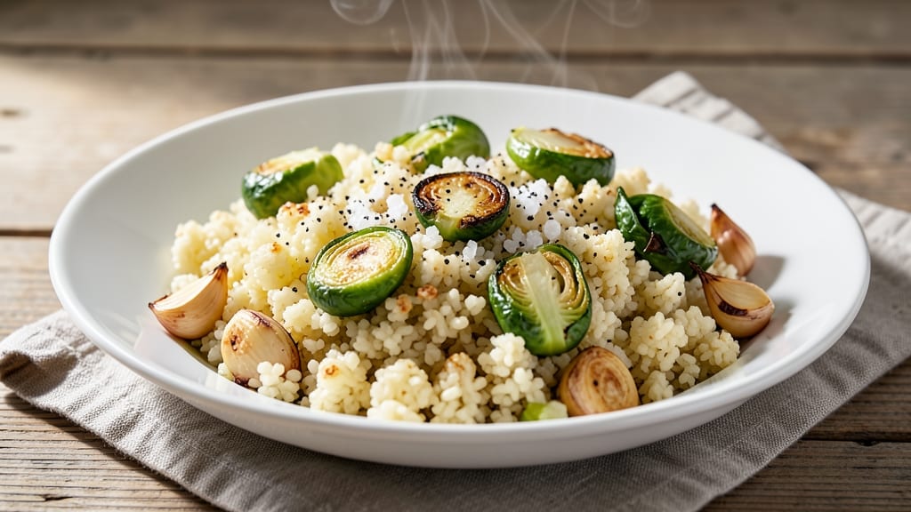Cauliflower Rice and Brussels Sprouts Recipe: Crispy-Roasted Crunch With Garlicky Heat
