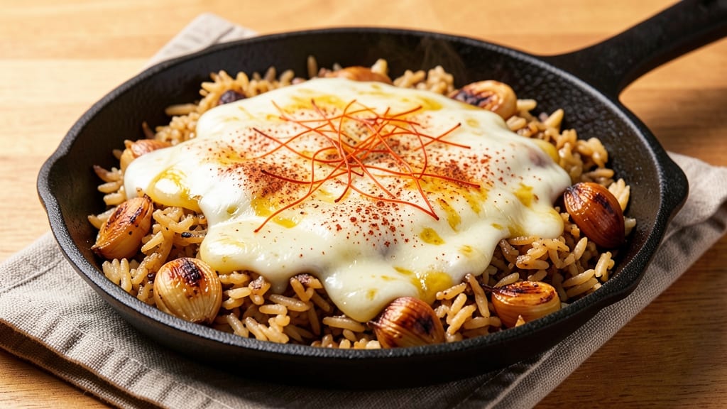 Cheesy Spanish Rice Recipe: Saffron-Infused Comfort with Crispy Garlic Topping