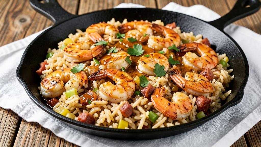 Cajun Shrimp and Dirty Rice Recipe: Celery Crown Crunch Over Spiced Tomato Gravy
