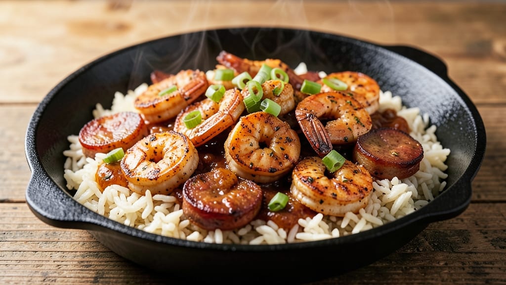 Cajun Shrimp And Andouille Sausage Rice Skillet Recipe: Spicy Smoked Protein Over Toasted Grains