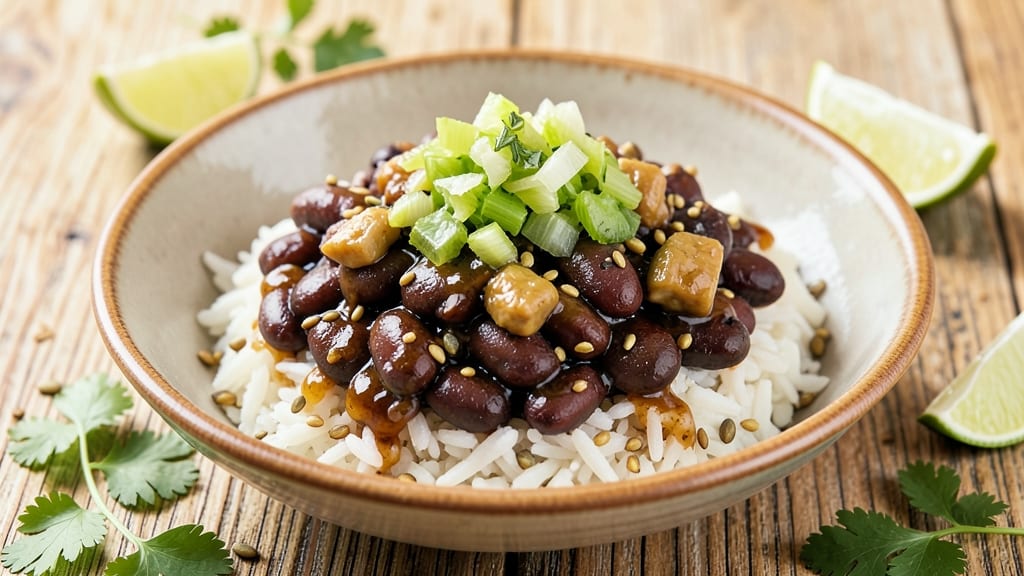 Caribbean Black Beans and Rice Recipe: Toasted Celery Crown Over Smoky Cumin Grains