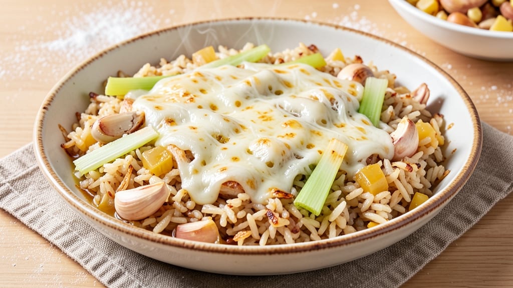 Cheesy Rice Pilaf Recipe: Crispy Celery Crown Over Melty Gruyère Clouds