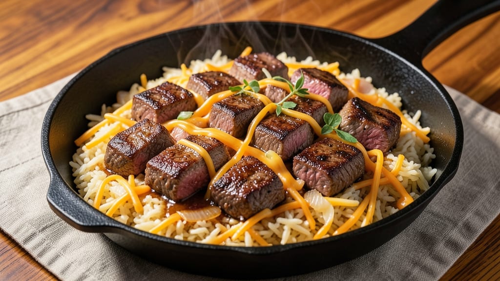 Cheesy Steak and Rice Recipe: One-Pan Melty Crust and Savory Depth