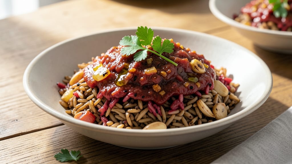 Brown and Red Rice Recipe: Smoky Tomato Gravy Over Toasted Celery Crunch