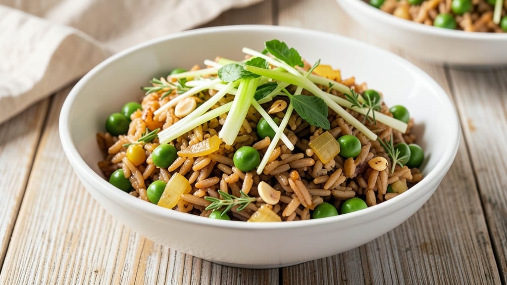 Brown Rice and Peas Recipe: Caribbean-Inspired Toasted Celery Crunch
