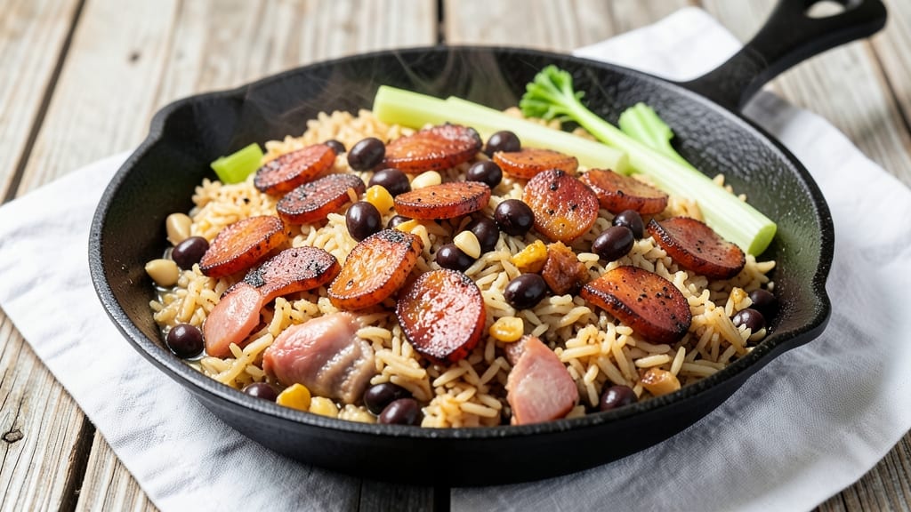 Black Eye Cook Up Rice Recipe: Smoky Sausage and Celery Crown Over Fluffy Grains