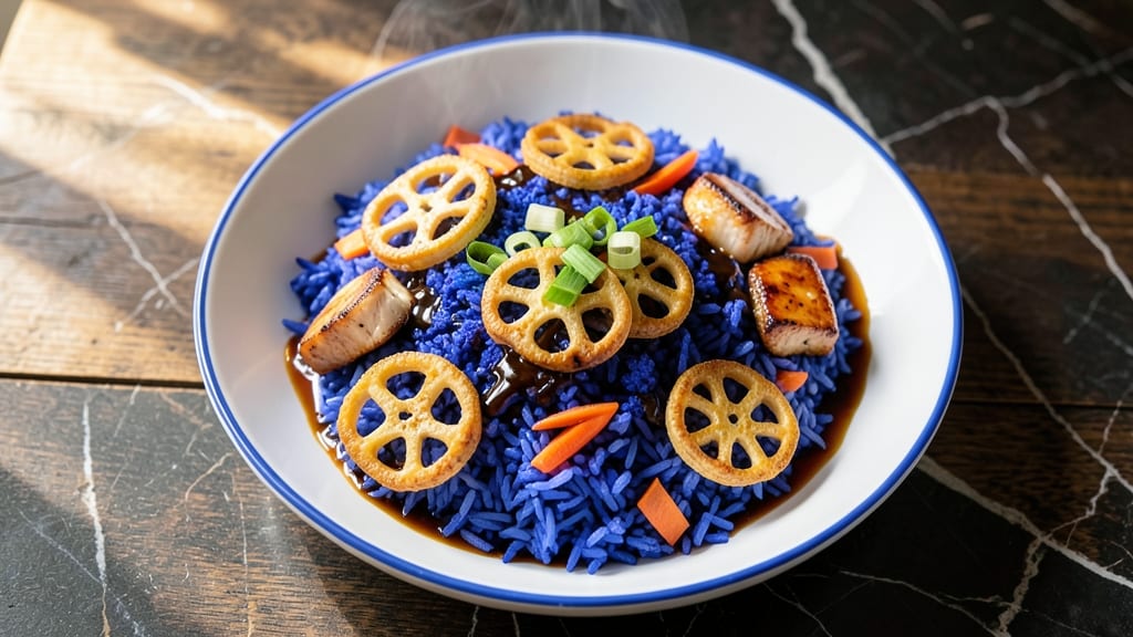 Blue Fried Rice Recipe: Vibrant Blue-Purple Grains With Crispy Celery Crown