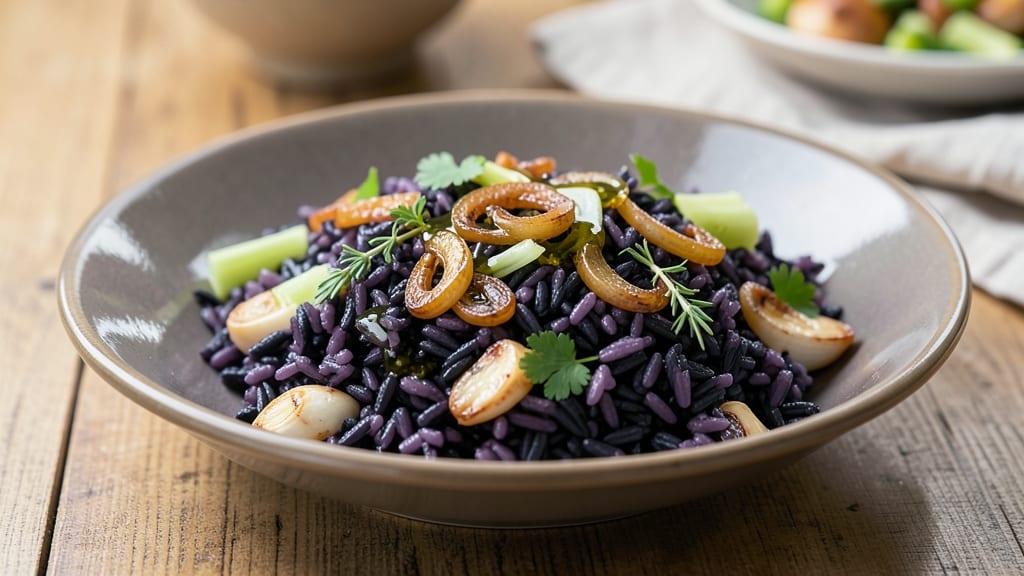 Black Venus Rice Recipe: Deep Purple Grains With Toasted Celery Crunch