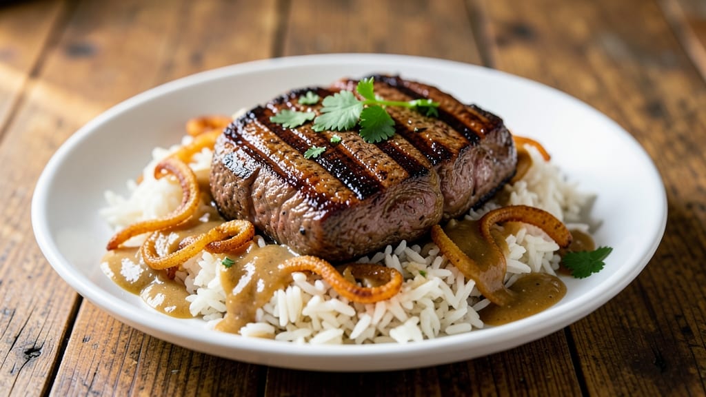 Cajun Steak, Rice, and Gravy Recipe: Smoky Spice-Crusted Meat Over Fluffy Grains